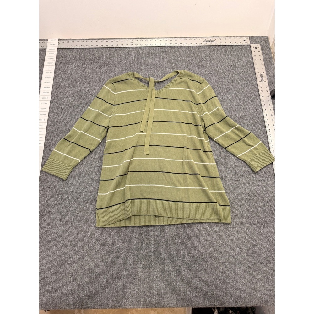 Talbots Striped V-Neck Sweater Womens Large Green 3/4 Sleeve Back Tie Knit Top - Picture 5 of 6